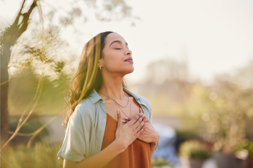 Exit-popup image: Woman practices mindfulness meditation for stress relief. Relaxation and wellness concept.