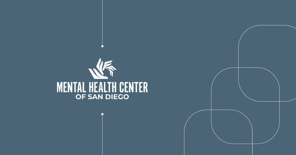 Banner for Mental Health Center of San Diego with white logo and abstract line art on blue background