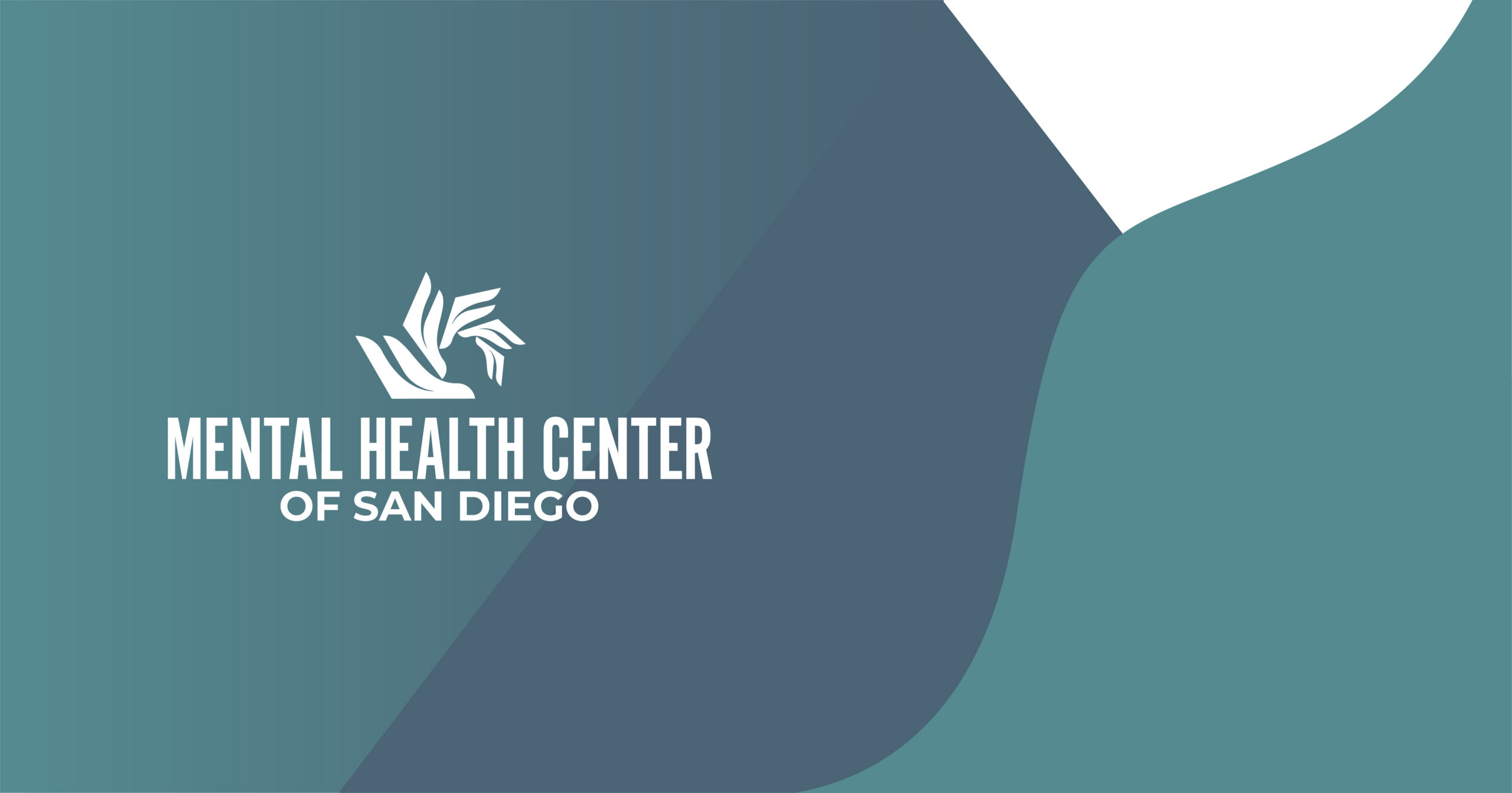 Banner for Mental Health Center of San Diego with white abstract logo on teal background.