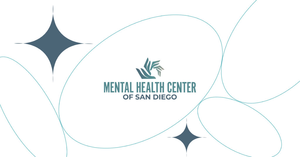 Logo for Mental Health Center of San Diego with teal abstract shapes and decorative curves on a white background.