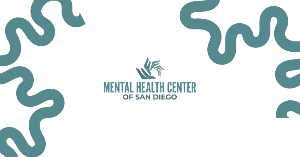 Mental Health Center of San Diego logo with teal decorative swirls and the organization name in bold text.
