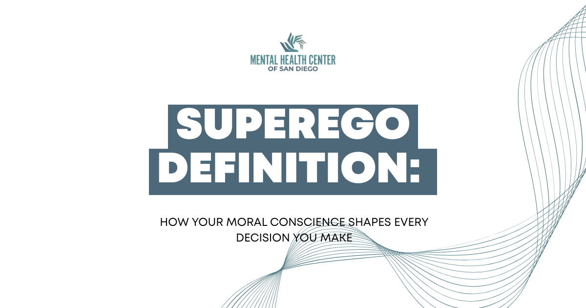 Header banner:'SUPEREGO DEFINITION:' with subtitle about how moral conscience shapes decisions, teal wave design on the right.