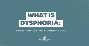 Title slide: 'What is Dysphoria?' with subtitle 'Causes, Symptoms, and Treatment Options' (Mental Health Center of San Diego)